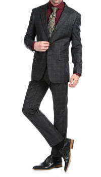 Yves Black Plaid Check Men's Premium 2 Piece Wool Slim Fit Suit - Ferrecci USA 