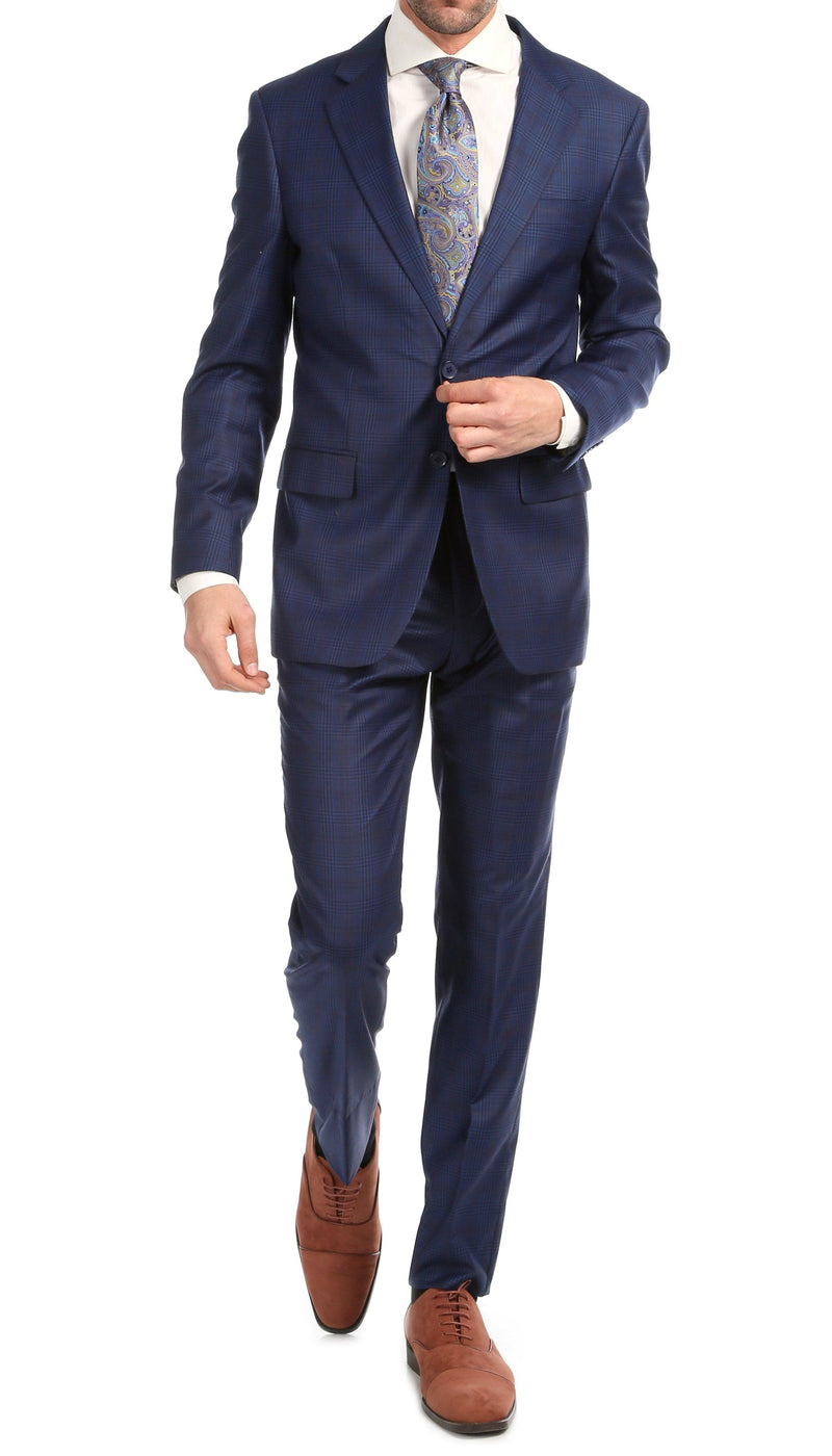 Yves Blue Plaid Check Men's Premium 2 Piece Wool Slim Fit Suit - Ferrecci USA 
