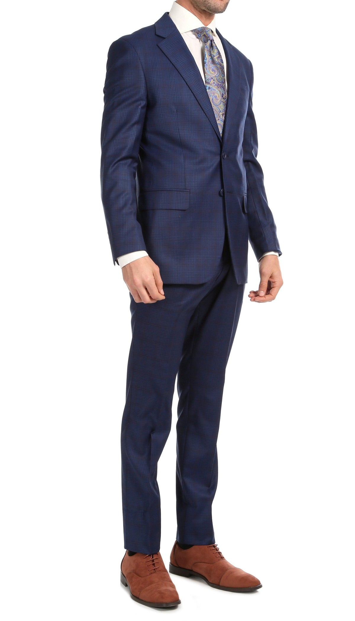 Yves Blue Plaid Check Men's Premium 2 Piece Wool Slim Fit Suit - Ferrecci USA 