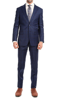 Yves Blue Plaid Check Men's Premium 2 Piece Wool Slim Fit Suit - Ferrecci USA 