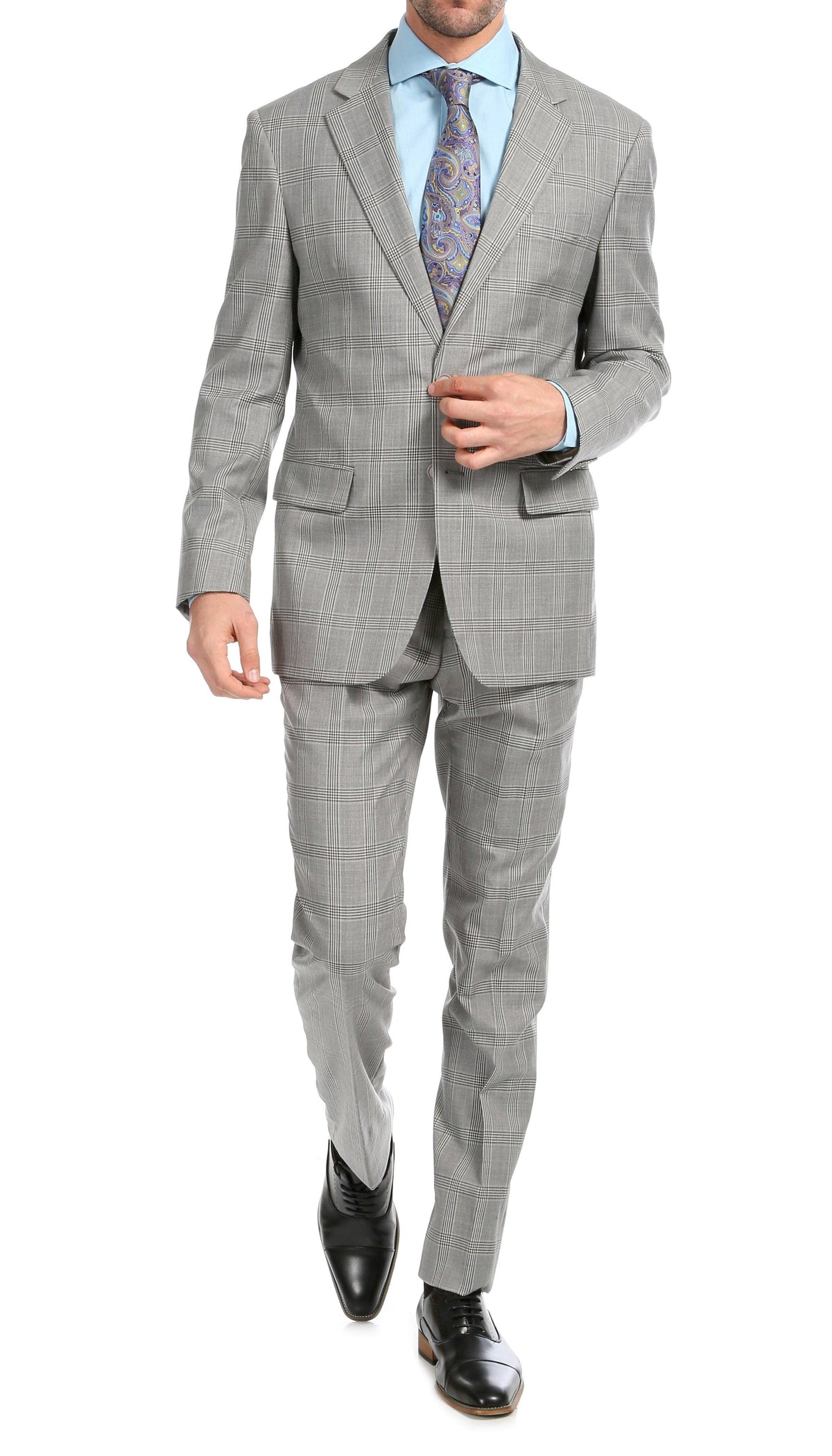 Yves Light Grey Plaid Check Men's Premium 2 Piece Wool Slim Fit Suit - Ferrecci USA 