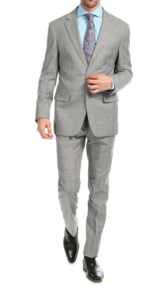 Yves Light Grey Plaid Check Men's Premium 2 Piece Wool Slim Fit Suit - Ferrecci USA 