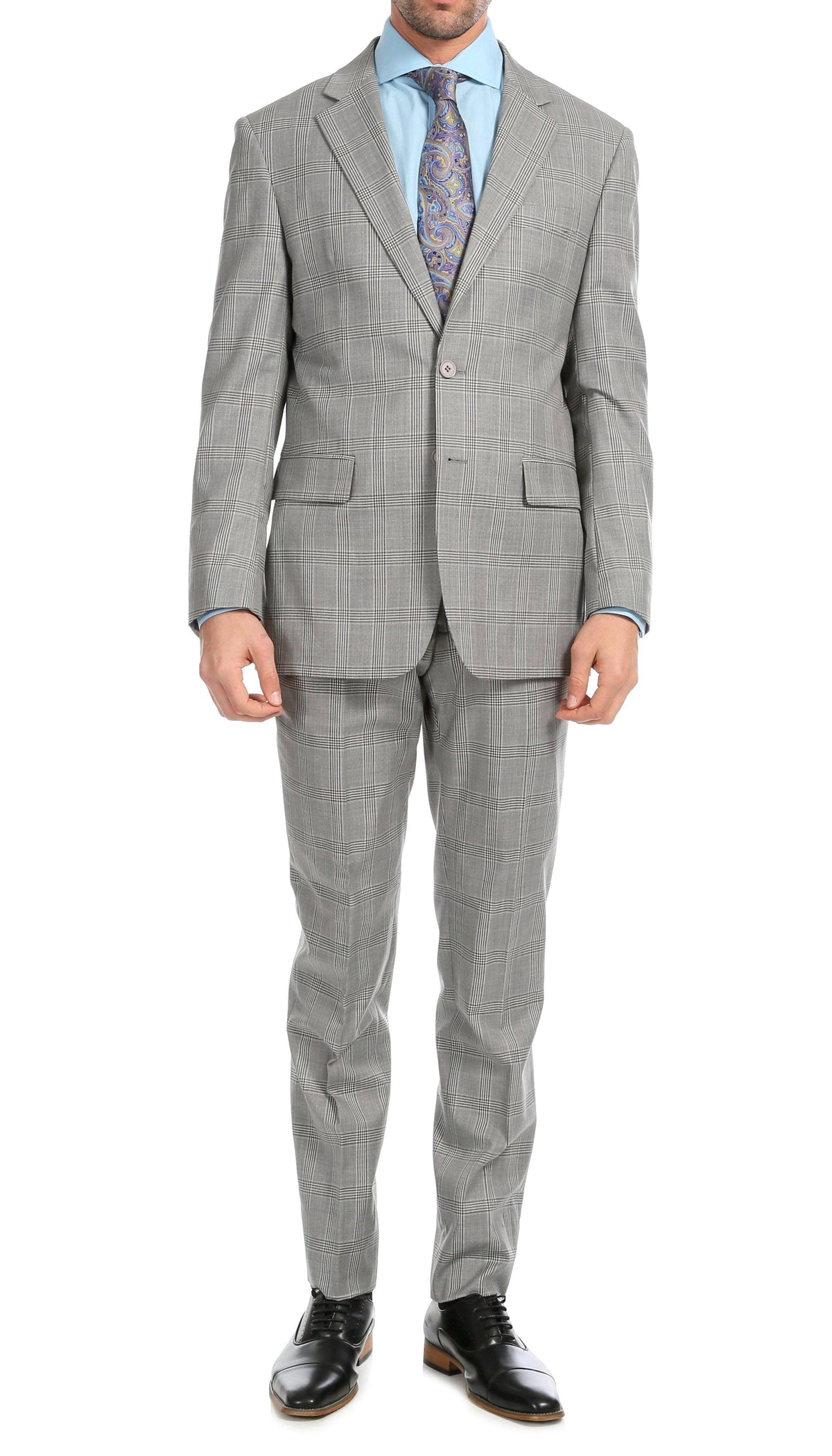 Yves Light Grey Plaid Check Men's Premium 2 Piece Wool Slim Fit Suit - Ferrecci USA 