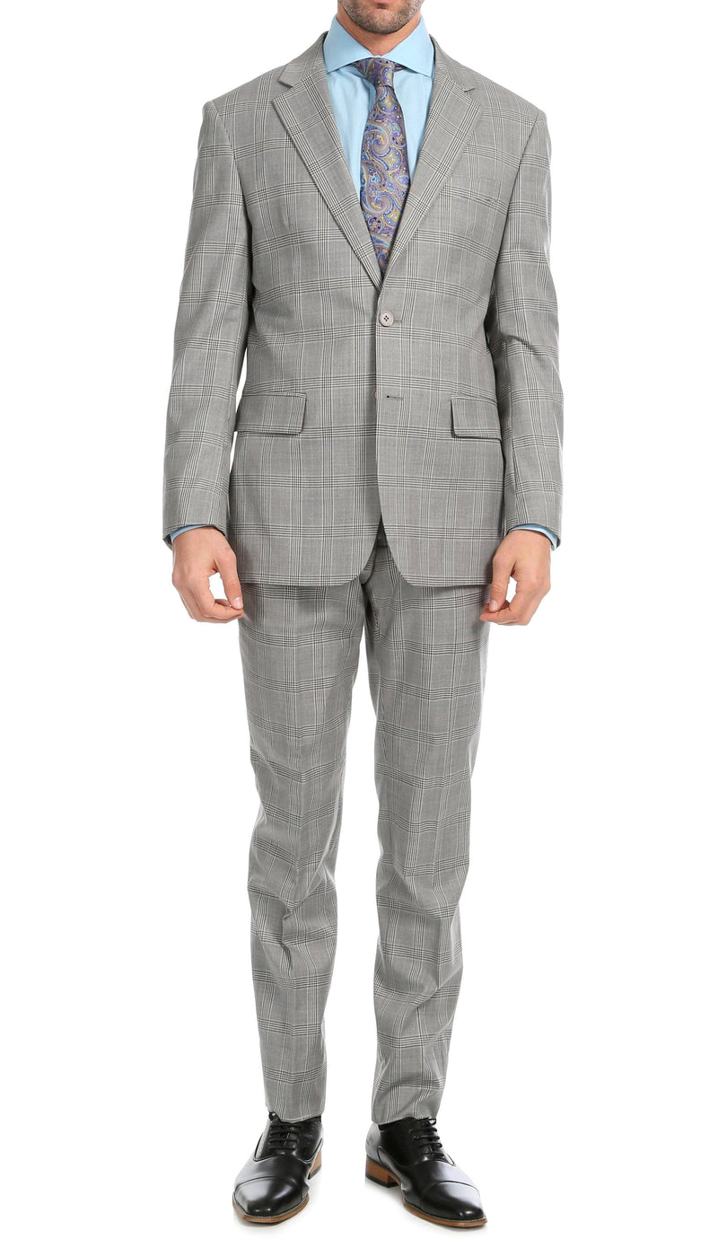 Yves Light Grey Plaid Check Men's Premium 2 Piece Wool Slim Fit Suit - Ferrecci USA 