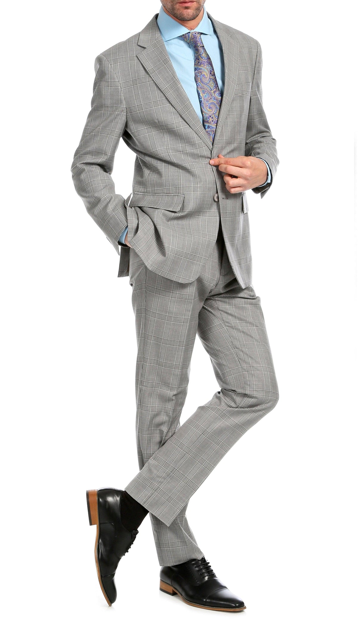 Yves Light Grey Plaid Check Men's Premium 2 Piece Wool Slim Fit Suit - Ferrecci USA 