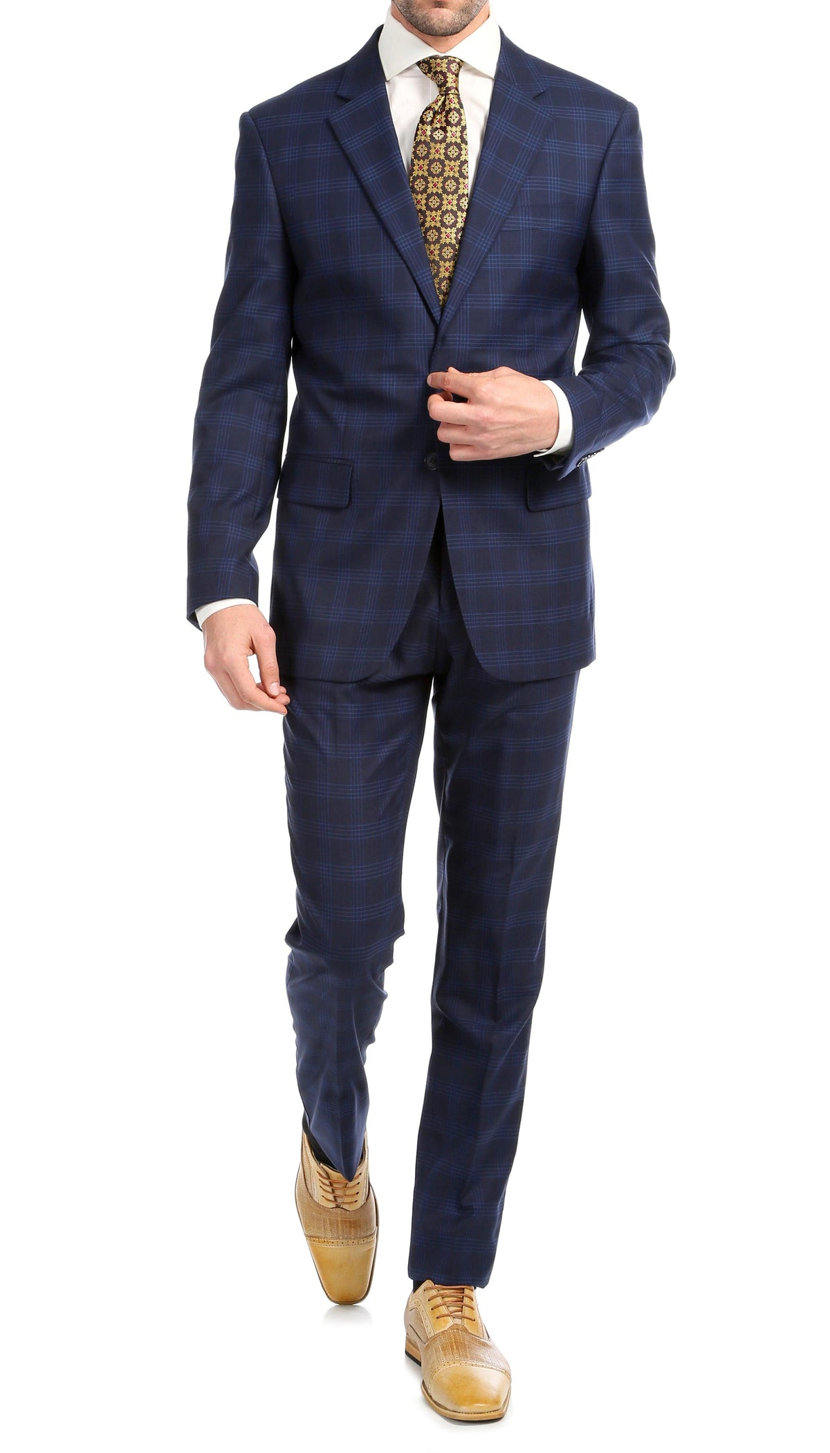 Yves Navy Blue Plaid Check Men's Premium 2pc Premium Wool Slim Fit Suit - Ferrecci USA 