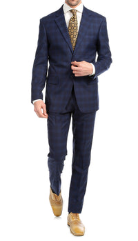 Yves Navy Blue Plaid Check Men's Premium 2pc Premium Wool Slim Fit Suit - Ferrecci USA 