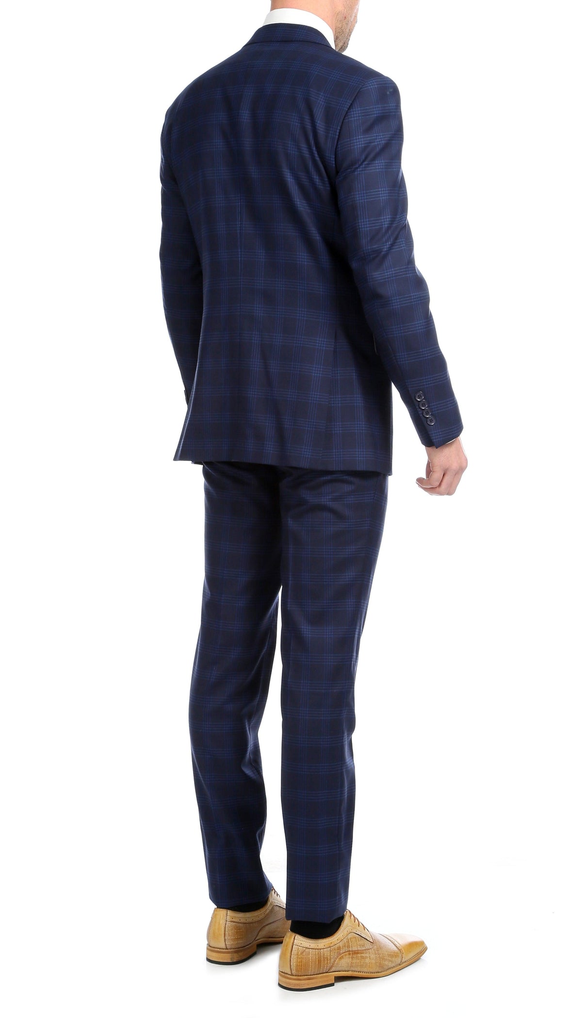Yves Navy Blue Plaid Check Men's Premium 2pc Premium Wool Slim Fit Suit - Ferrecci USA 