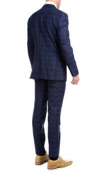 Yves Navy Blue Plaid Check Men's Premium 2pc Premium Wool Slim Fit Suit - Ferrecci USA 