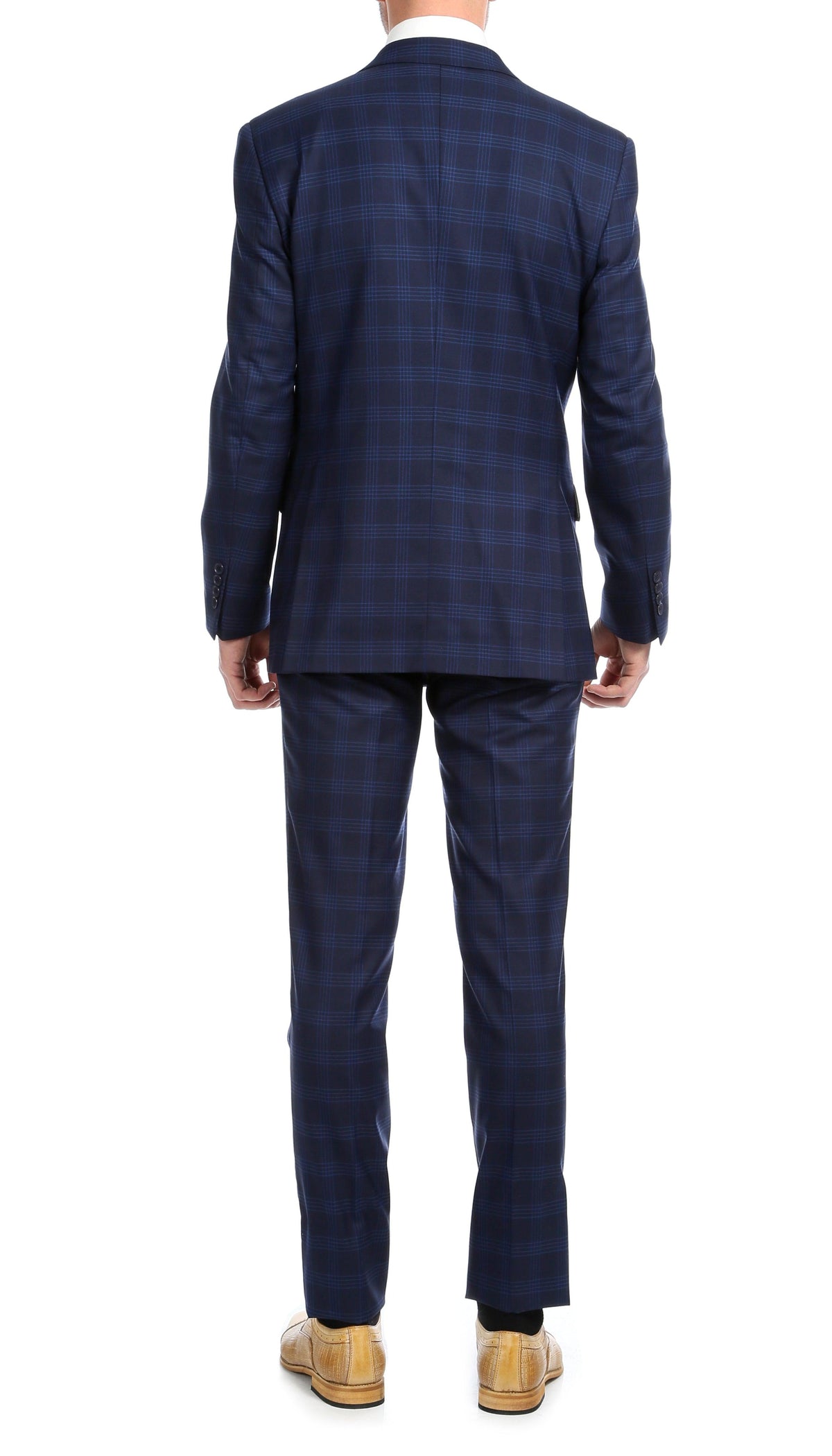 Yves Navy Blue Plaid Check Men's Premium 2pc Premium Wool Slim Fit Suit - Ferrecci USA 