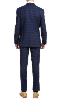 Yves Navy Blue Plaid Check Men's Premium 2pc Premium Wool Slim Fit Suit - Ferrecci USA 