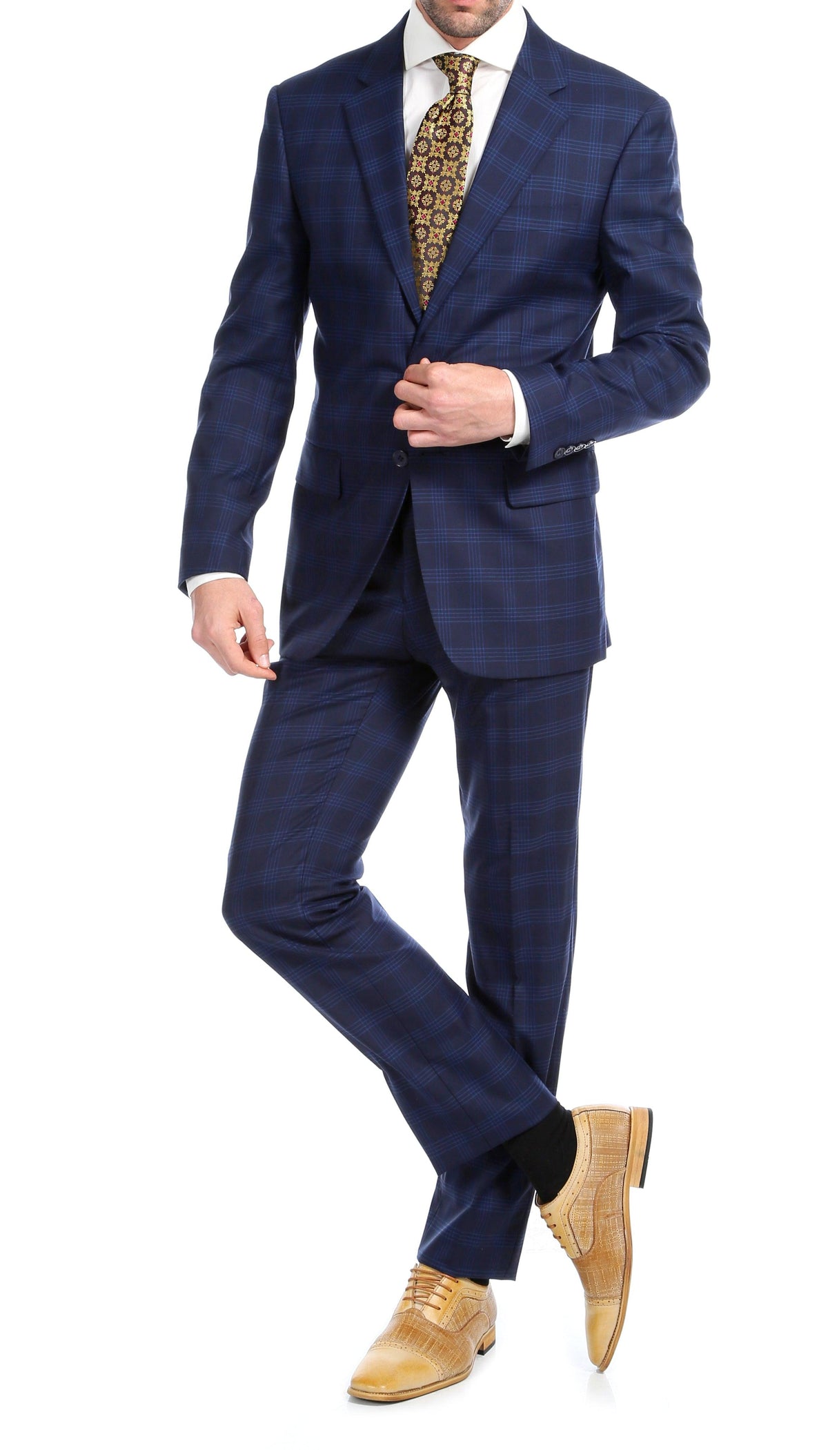 Yves Navy Blue Plaid Check Men's Premium 2pc Premium Wool Slim Fit Suit - Ferrecci USA 