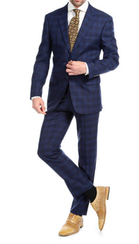 Yves Navy Blue Plaid Check Men's Premium 2pc Premium Wool Slim Fit Suit - Ferrecci USA 