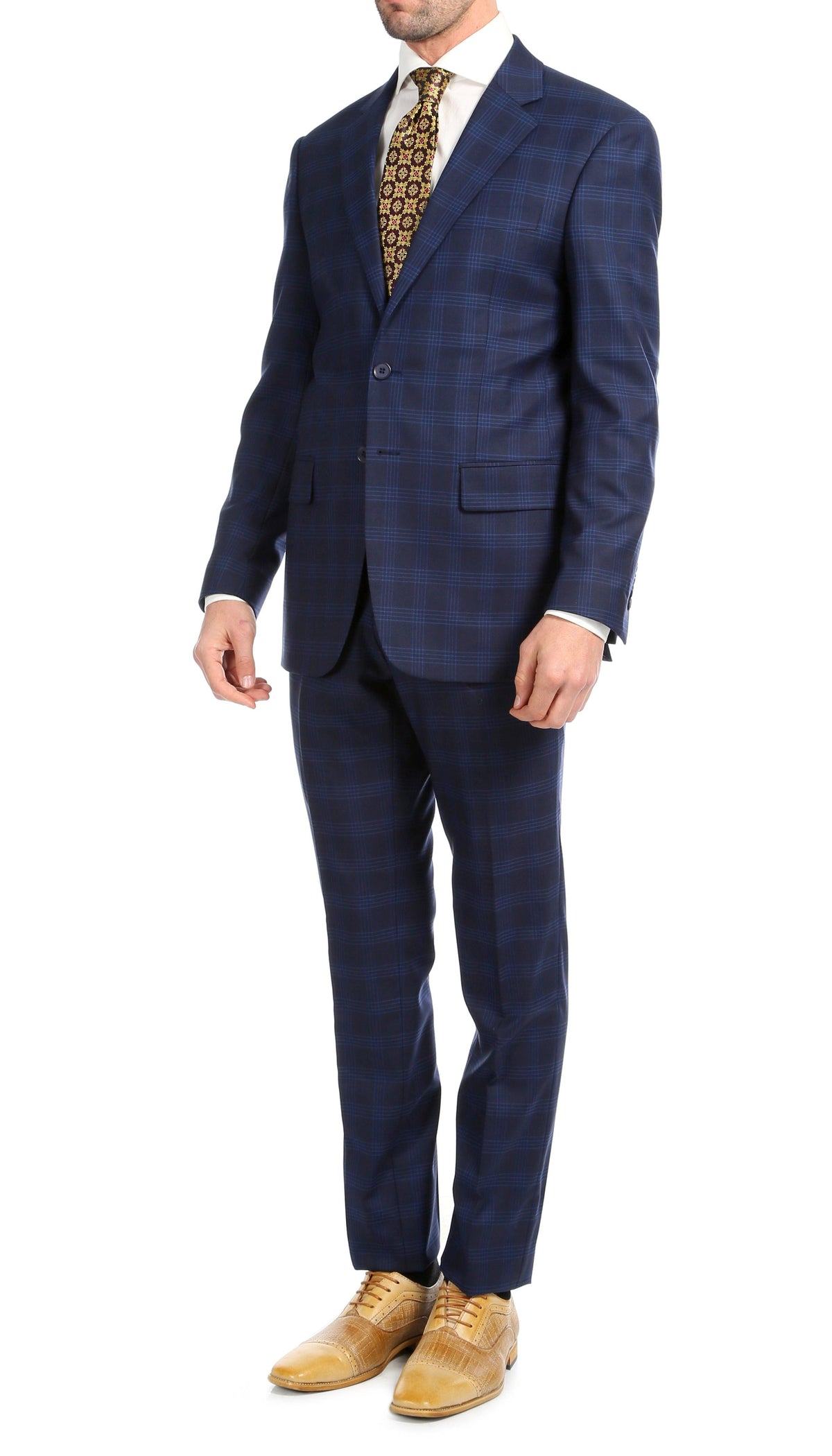 Yves Navy Blue Plaid Check Men's Premium 2pc Premium Wool Slim Fit Suit - Ferrecci USA 