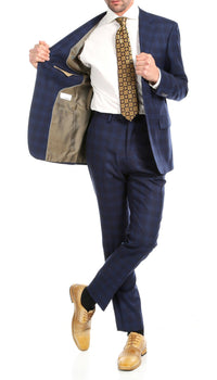 Yves Navy Blue Plaid Check Men's Premium 2pc Premium Wool Slim Fit Suit - Ferrecci USA 
