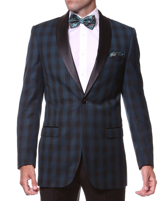 The Astor Teal Plaid Slim Shawl Tuxedo Blazer - FHYINC best men's suits, tuxedos, formal men's wear wholesale
