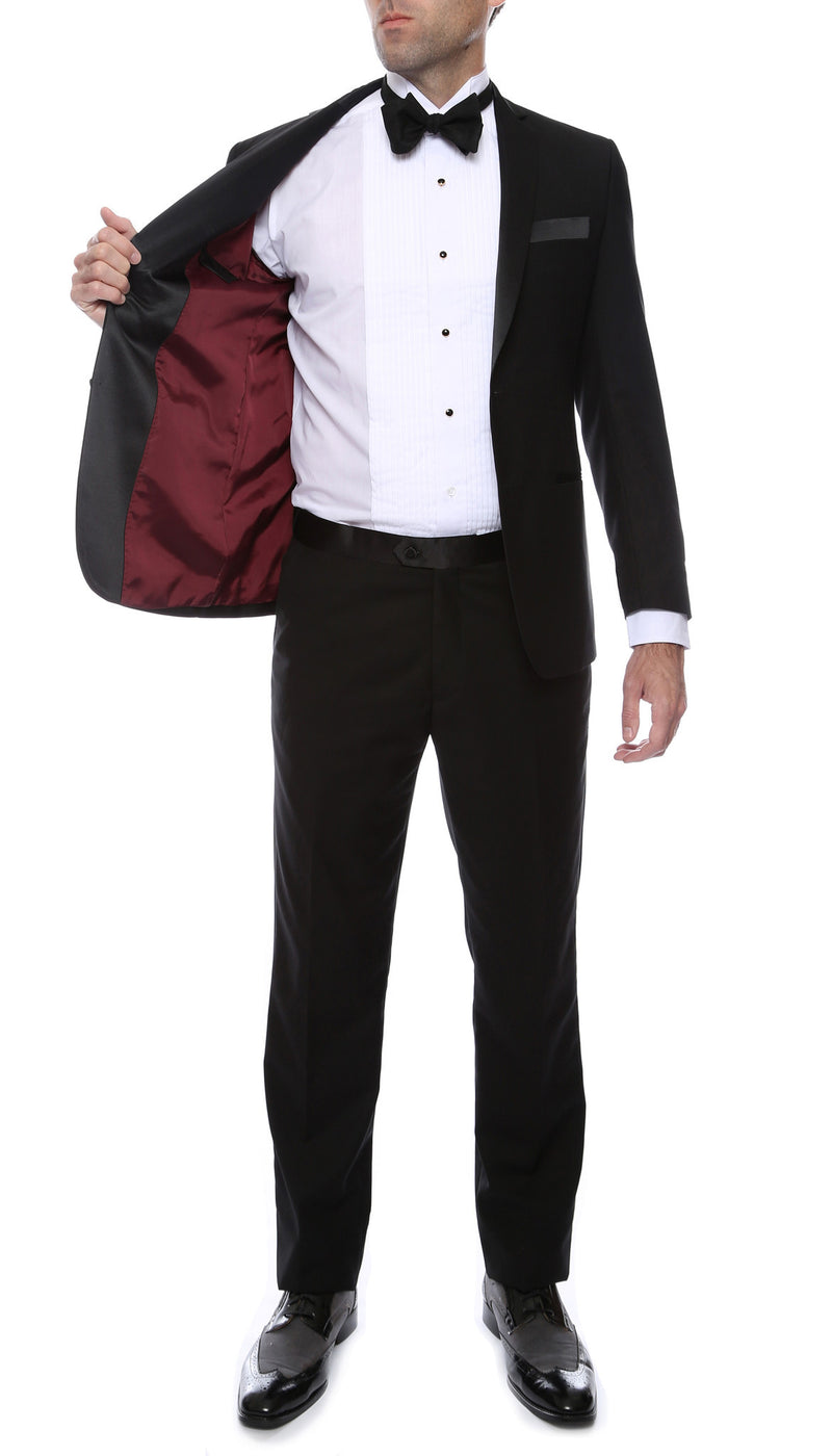 Bronson Black Slim Fit Notch Lapel Tuxedo - FHYINC best men's suits, tuxedos, formal men's wear wholesale