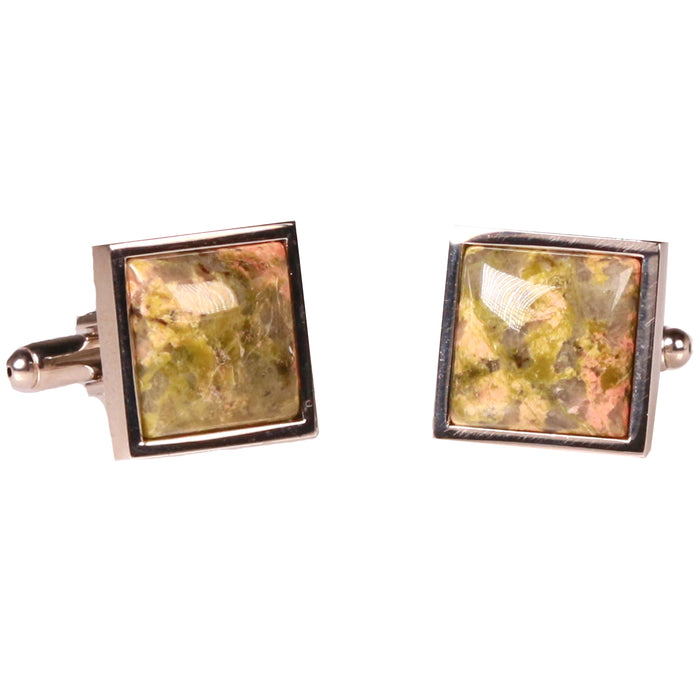 Silvertone Square Orange/Green Marble Cufflinks with Jewelry Box - FHYINC best men's suits, tuxedos, formal men's wear wholesale