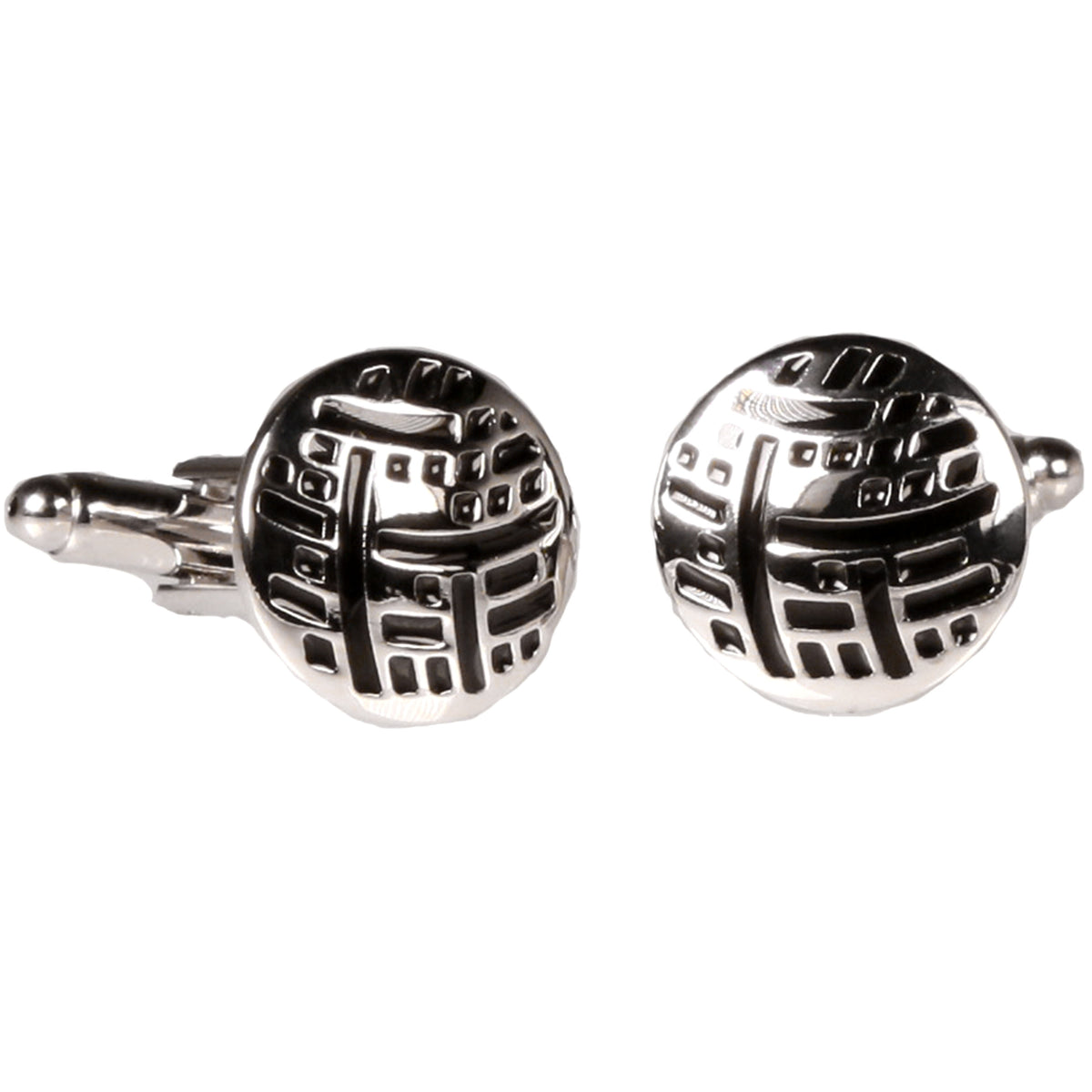 Silvertone Circle Black Geometric Cufflinks with Jewelry Box - FHYINC best men's suits, tuxedos, formal men's wear wholesale