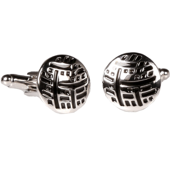 Silvertone Circle Black Geometric Cufflinks with Jewelry Box - FHYINC best men's suits, tuxedos, formal men's wear wholesale