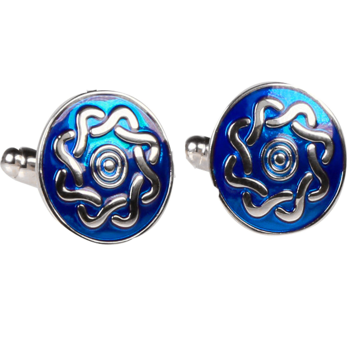 Silvertone Blue Circle Geometric Pattern Cufflinks with Jewelry Box - FHYINC best men's suits, tuxedos, formal men's wear wholesale