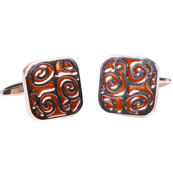 Silvertone Square Orange Geometric Pattern Cufflinks with Jewelry Box - FHYINC best men's suits, tuxedos, formal men's wear wholesale