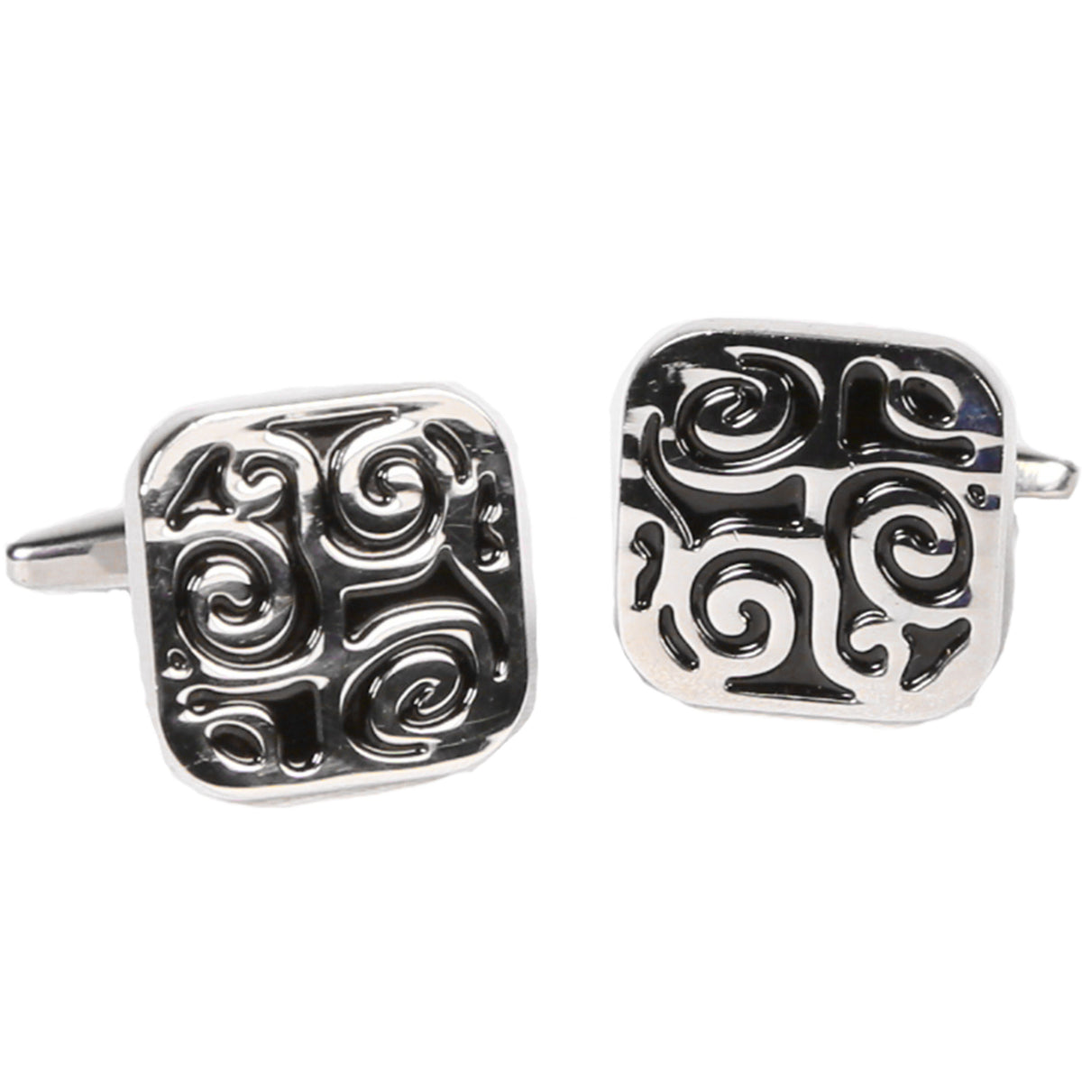 Silvertone Square Black Pattern Cufflinks with Jewelry Box - FHYINC best men's suits, tuxedos, formal men's wear wholesale