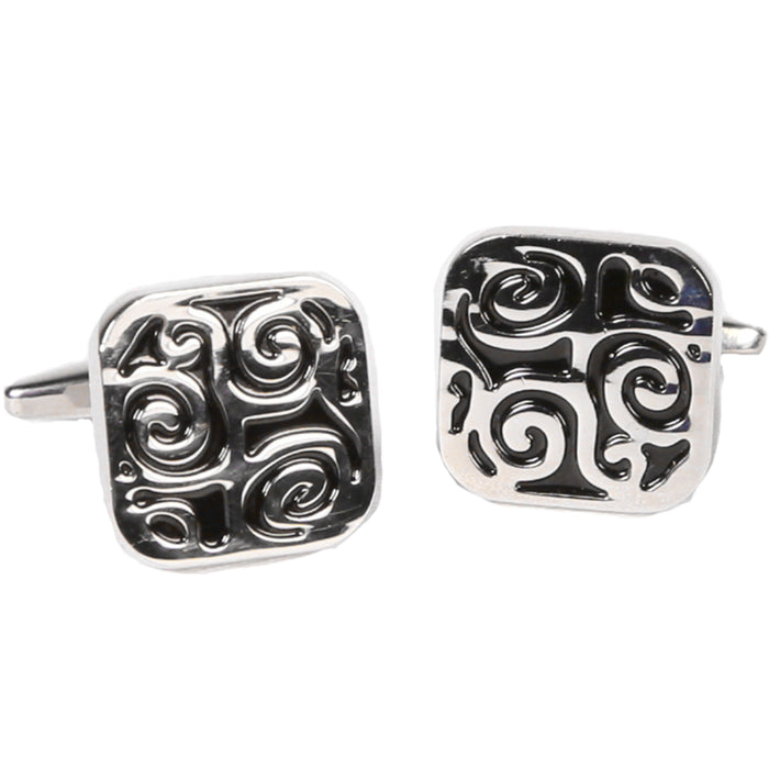 Silvertone Square Black Pattern Cufflinks with Jewelry Box - FHYINC best men's suits, tuxedos, formal men's wear wholesale