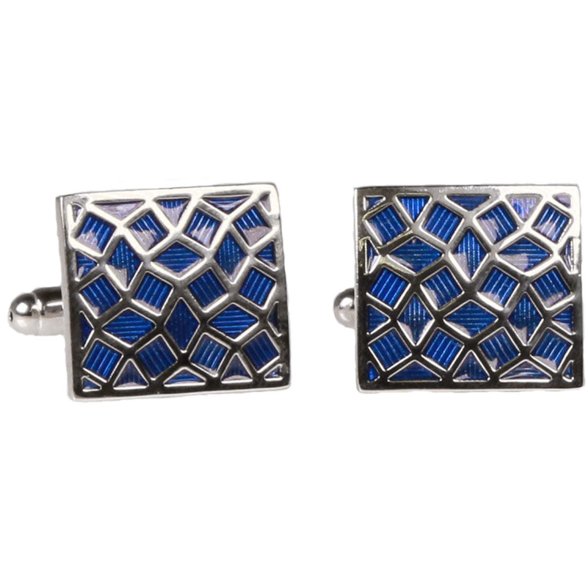 Silvertone Square Blue Geometric Pattern Cufflinks with Jewelry Box - FHYINC best men's suits, tuxedos, formal men's wear wholesale
