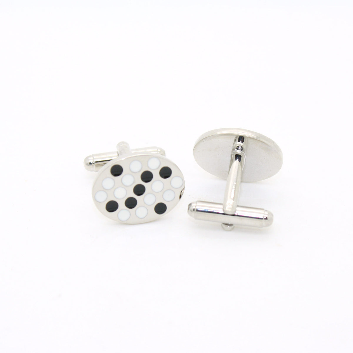 Silvertone Black White Oval Cuff Links With Jewelry Box - FHYINC