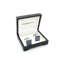 Silvertone Blue Stripe Cuff Links With Jewelry Box - FHYINC