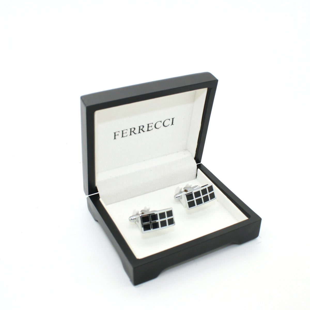 Silvertone Black Checker Rectangle Cuff Links With Jewelry Box - FHYINC