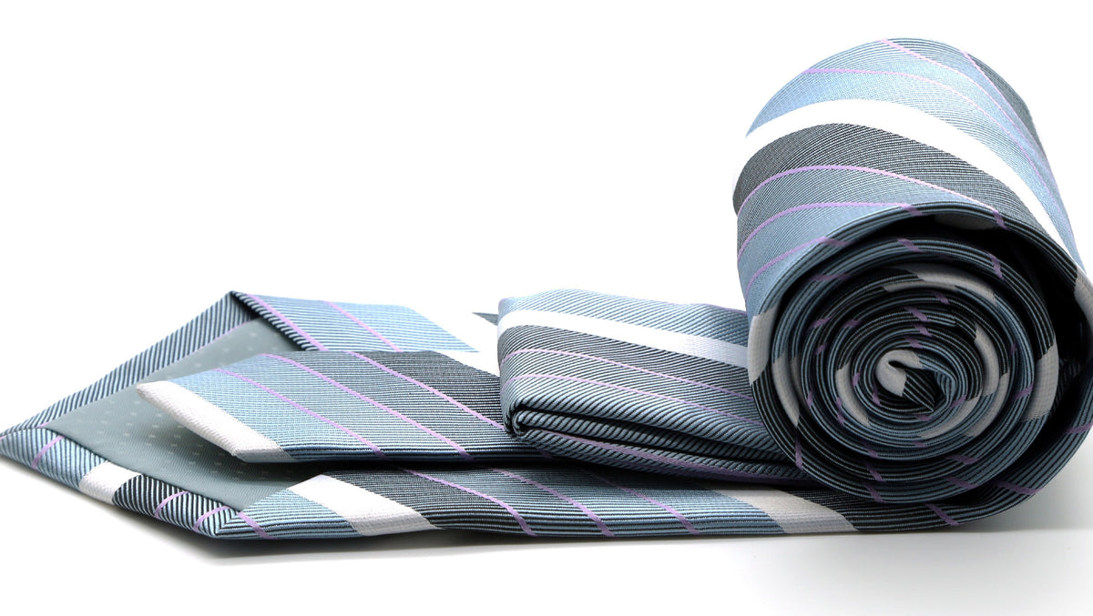Mens Dads Classic Grey Striped Pattern Business Casual Necktie & Hanky Set EO-6 - FHYINC best men's suits, tuxedos, formal men's wear wholesale