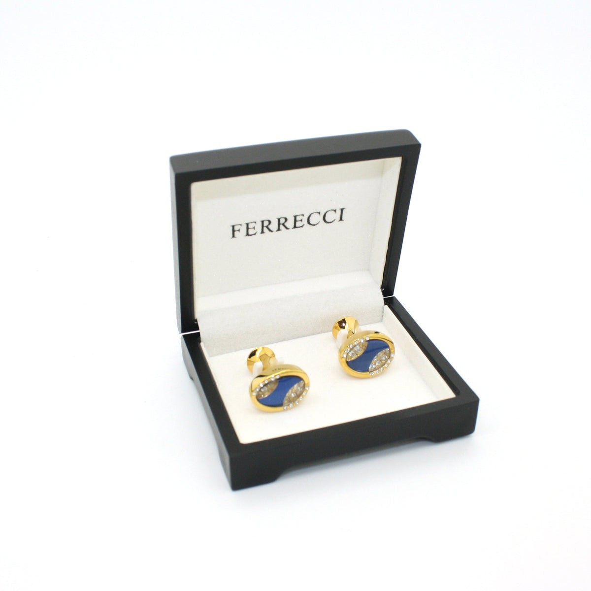 Goldtone Blue Sway Gemstone Cuff Links With Jewelry Box - FHYINC