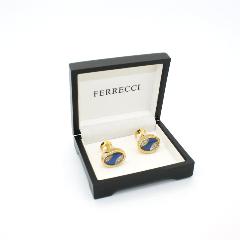 Goldtone Blue Sway Gemstone Cuff Links With Jewelry Box - FHYINC