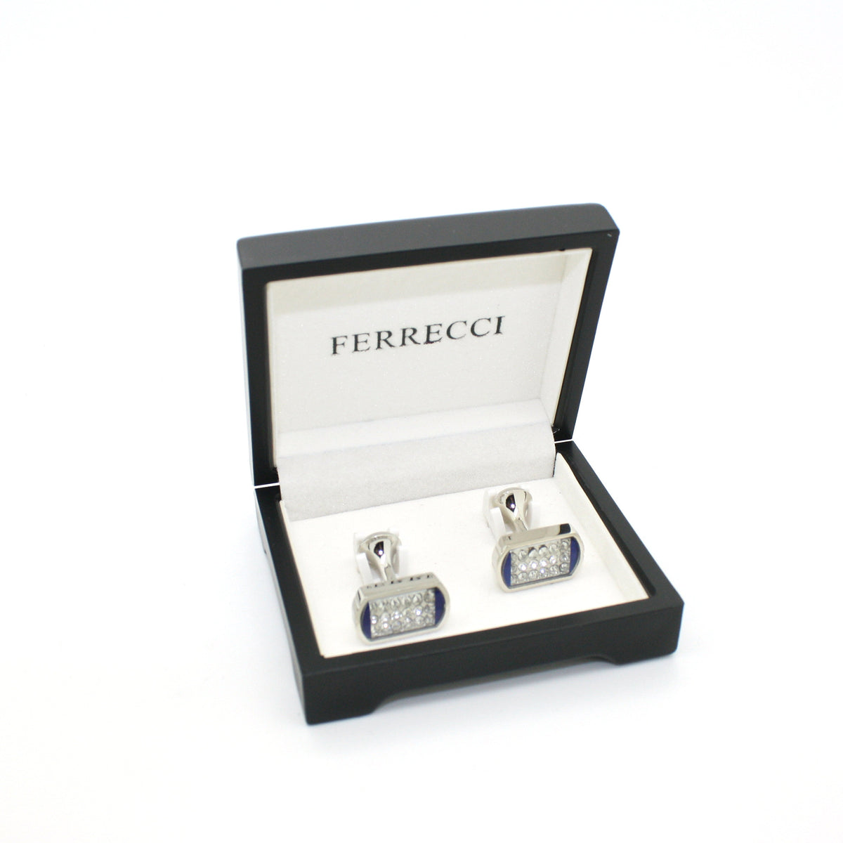 Silvertone Blue Glass Stone Cuff Links With Jewelry Box - FHYINC