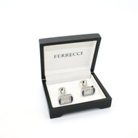 Silvertone Blue Glass Stone Cuff Links With Jewelry Box - FHYINC