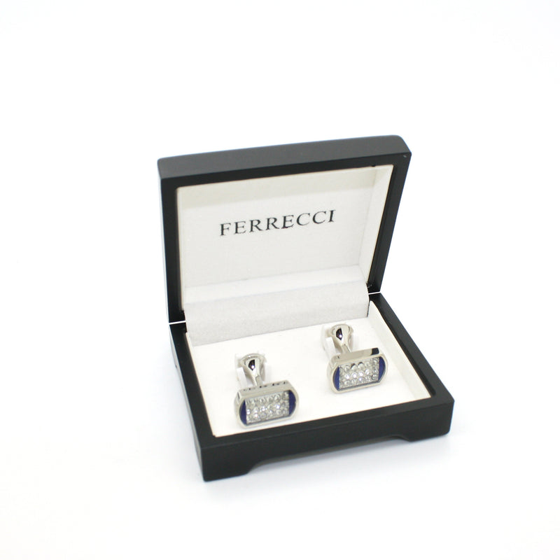 Silvertone Blue Glass Stone Cuff Links With Jewelry Box - FHYINC