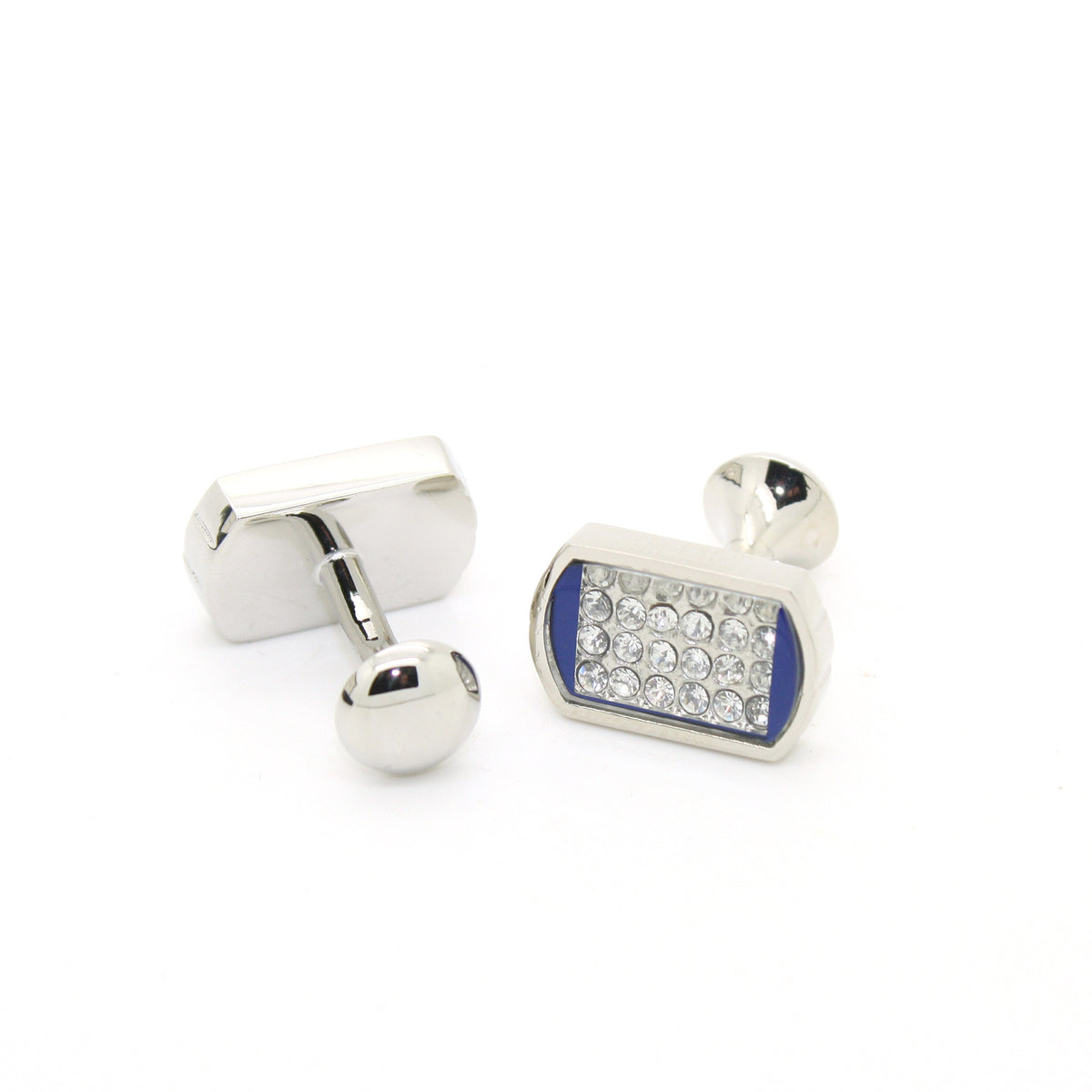 Silvertone Blue Glass Stone Cuff Links With Jewelry Box - FHYINC