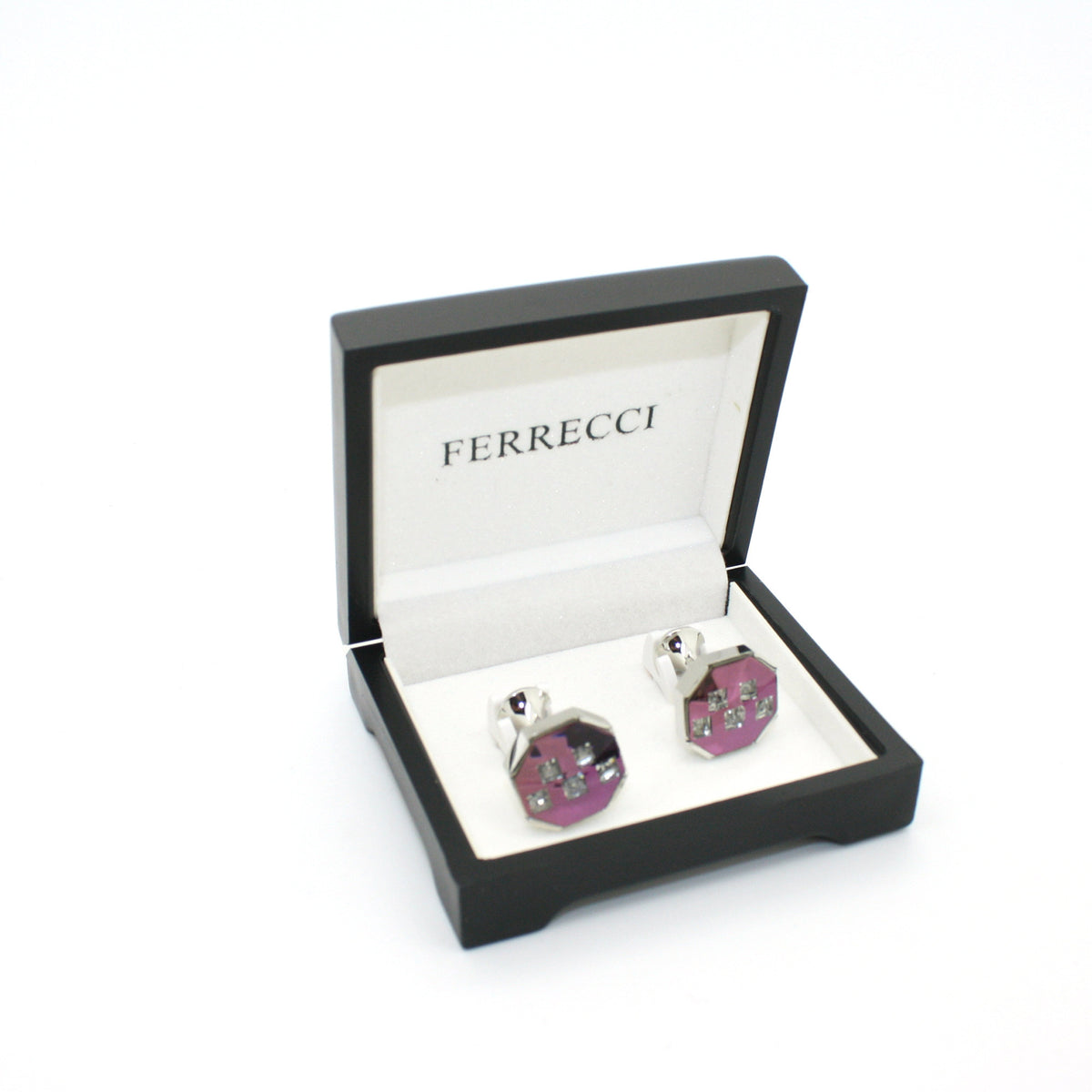 Silvertone Purple Glass Stone Cuff Links With Jewelry Box - FHYINC