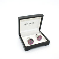 Silvertone Purple Glass Stone Cuff Links With Jewelry Box - FHYINC