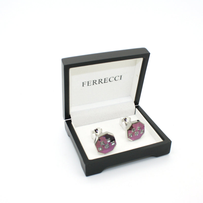 Silvertone Purple Glass Stone Cuff Links With Jewelry Box - FHYINC