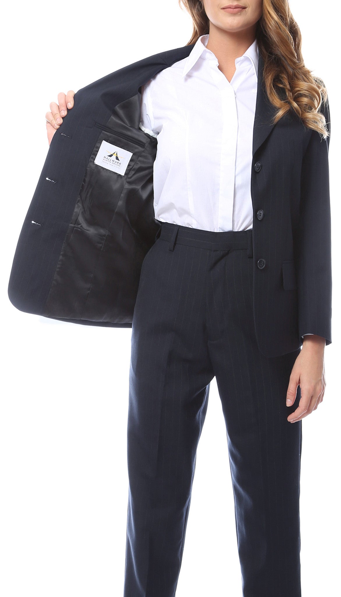 Womens Navy Pinstripe Business Casual Uniform Blazer - FHYINC best men's suits, tuxedos, formal men's wear wholesale