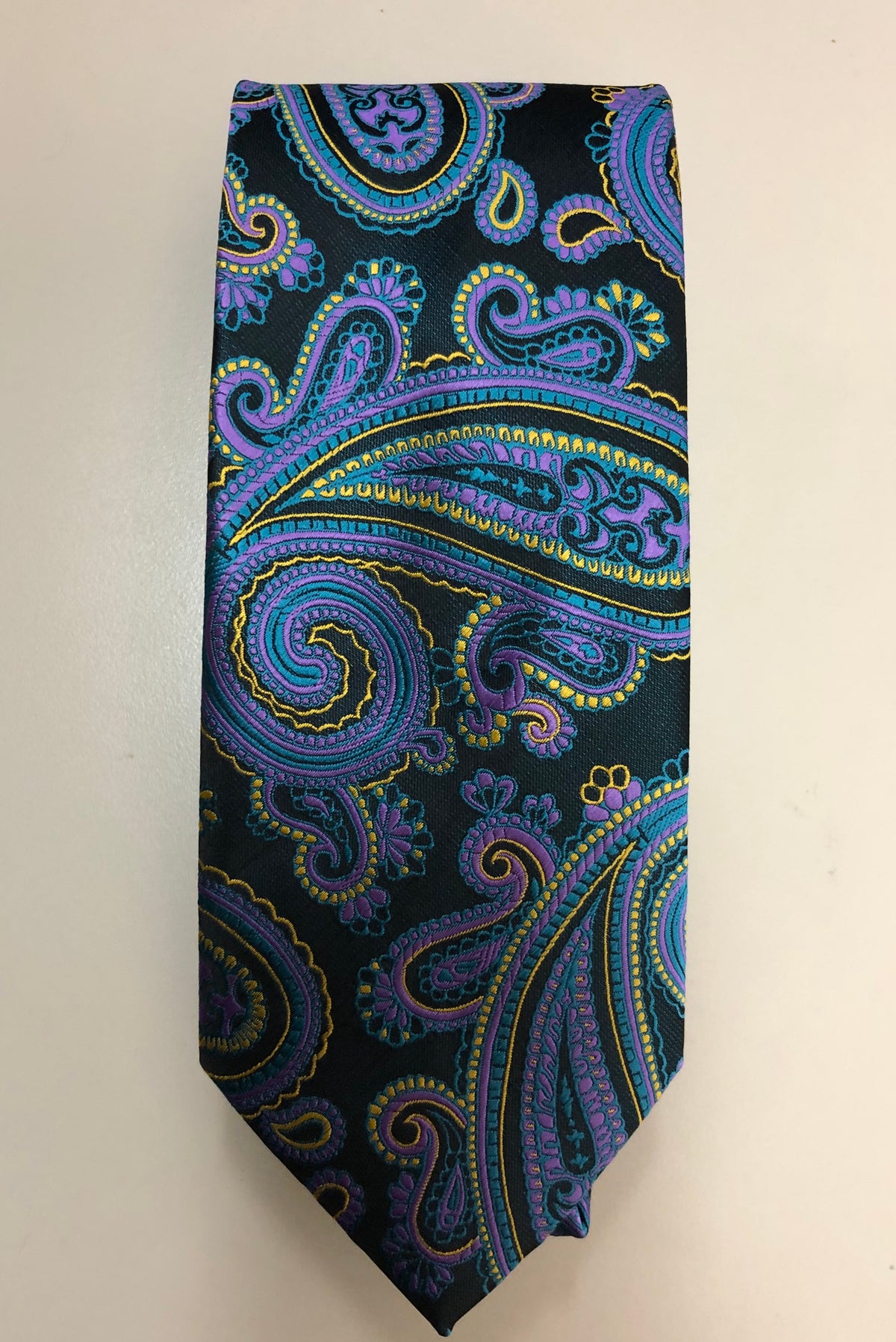 Mens Paisley Necktie Black Purple Yellow Combination - FHYINC best men's suits, tuxedos, formal men's wear wholesale