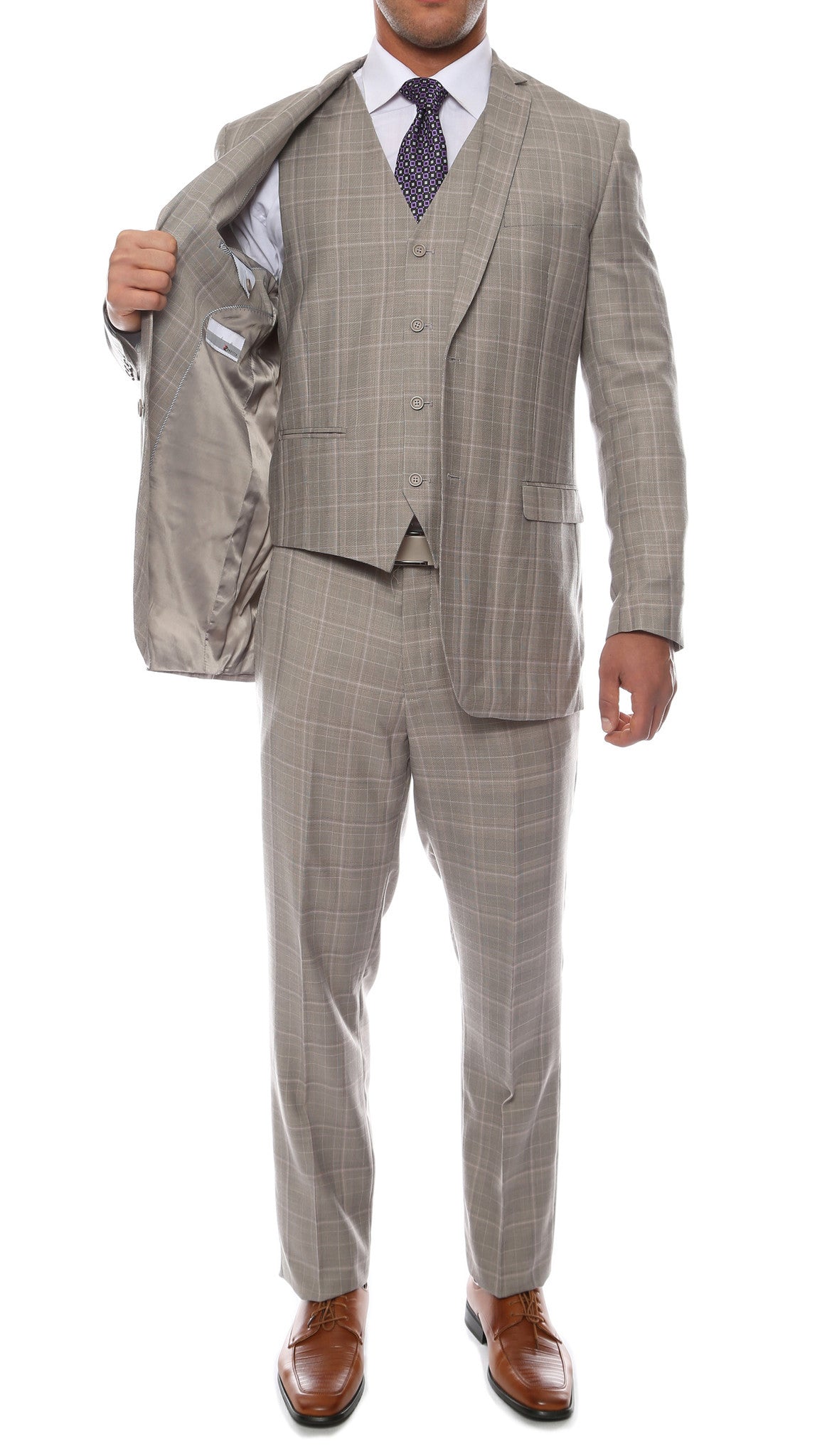 Lazio Taupe Grey 3pc Vested Slim Fit Plaid Suit - FHYINC best men's suits, tuxedos, formal men's wear wholesale