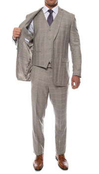 Lazio Taupe Grey 3pc Vested Slim Fit Plaid Suit - FHYINC best men's suits, tuxedos, formal men's wear wholesale