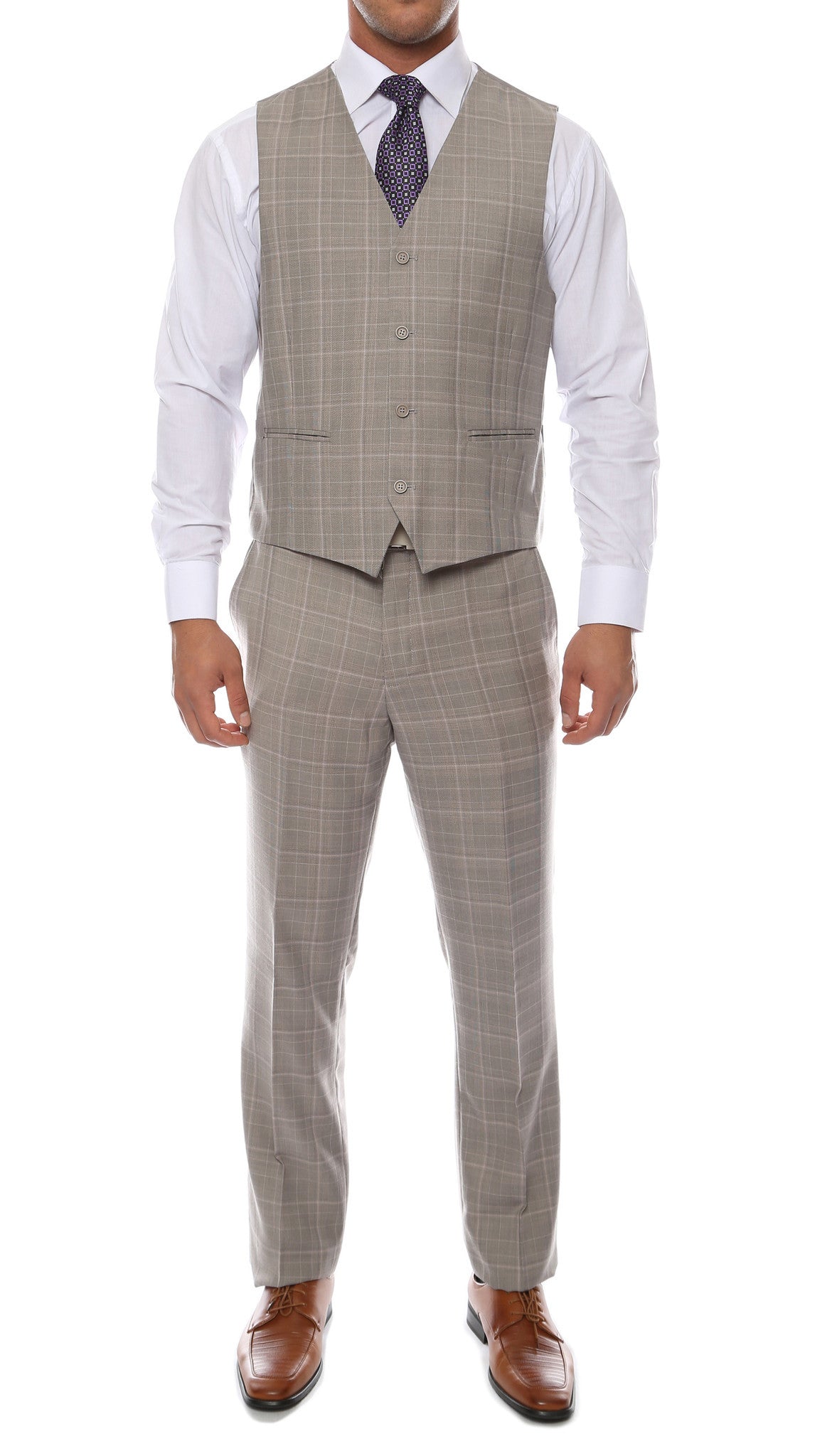 Lazio Taupe Grey 3pc Vested Slim Fit Plaid Suit - FHYINC best men's suits, tuxedos, formal men's wear wholesale