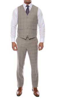 Lazio Taupe Grey 3pc Vested Slim Fit Plaid Suit - FHYINC best men's suits, tuxedos, formal men's wear wholesale
