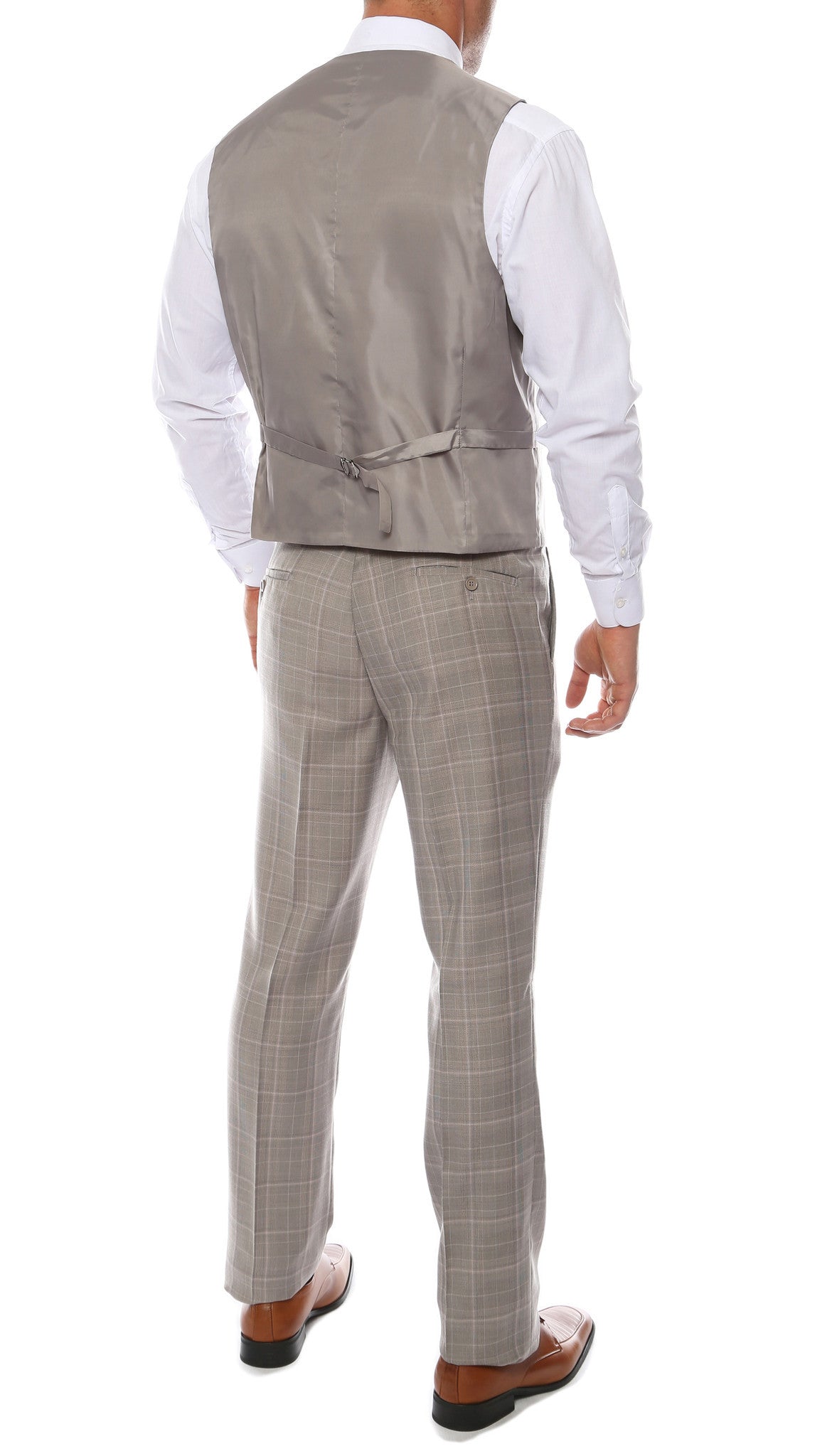 Lazio Taupe Grey 3pc Vested Slim Fit Plaid Suit - FHYINC best men's suits, tuxedos, formal men's wear wholesale