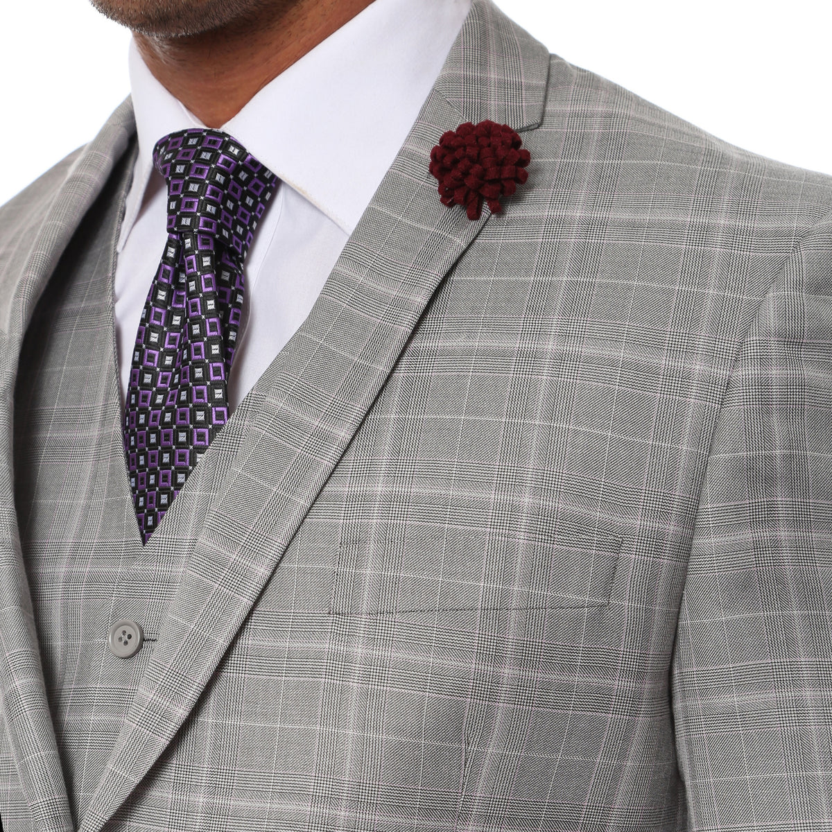Lazio Light Grey 3pc Vested Slim Fit Plaid Suit - FHYINC best men's suits, tuxedos, formal men's wear wholesale